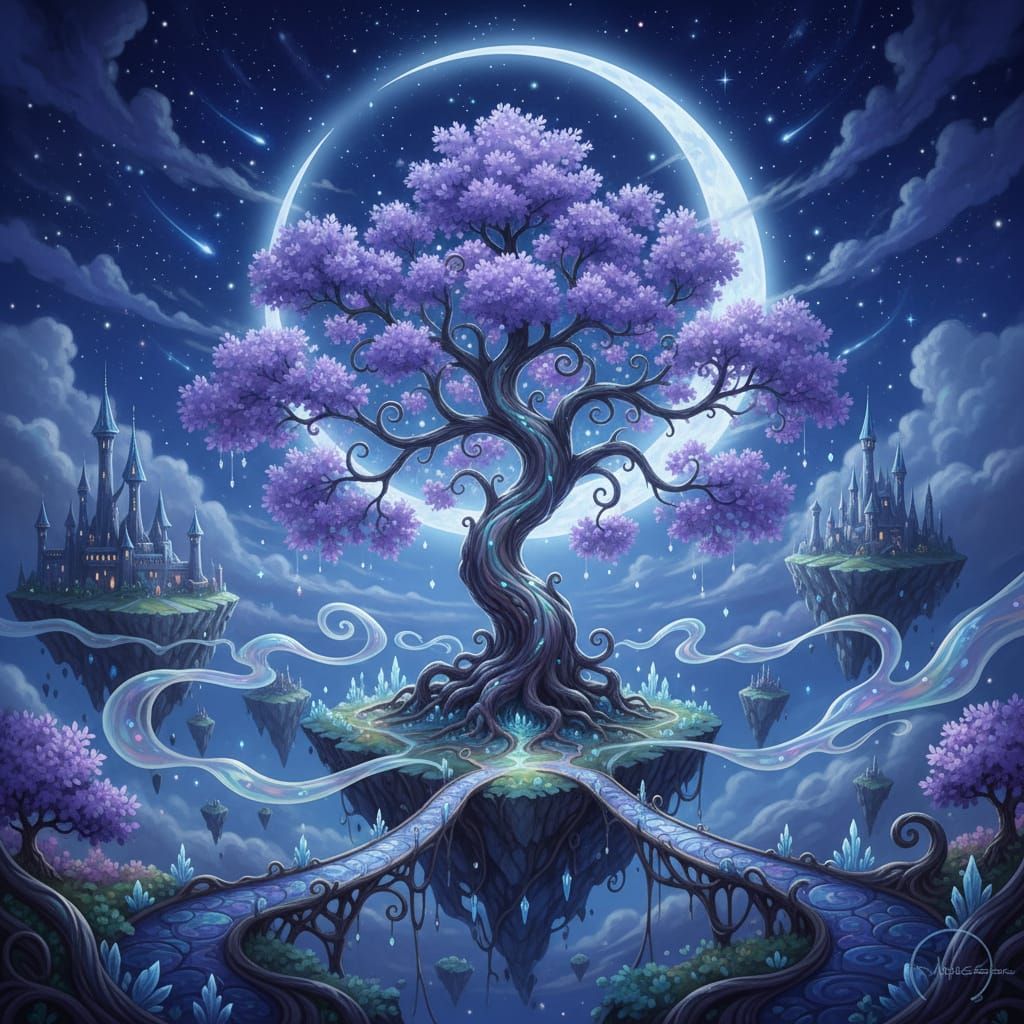 Magical Fantasy Tree with Floating Islands and Castles