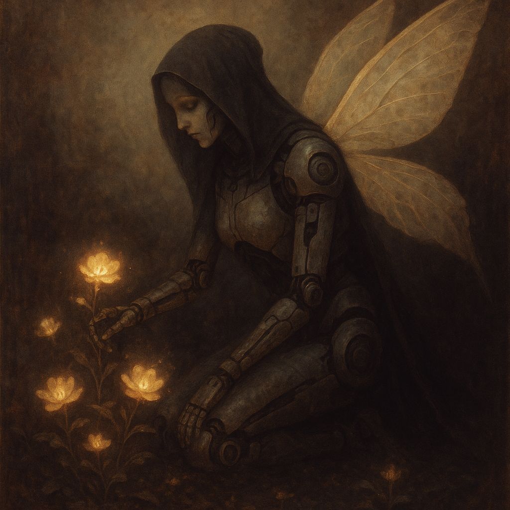 Cyborg Angel of Death Tending Ethereal Garden