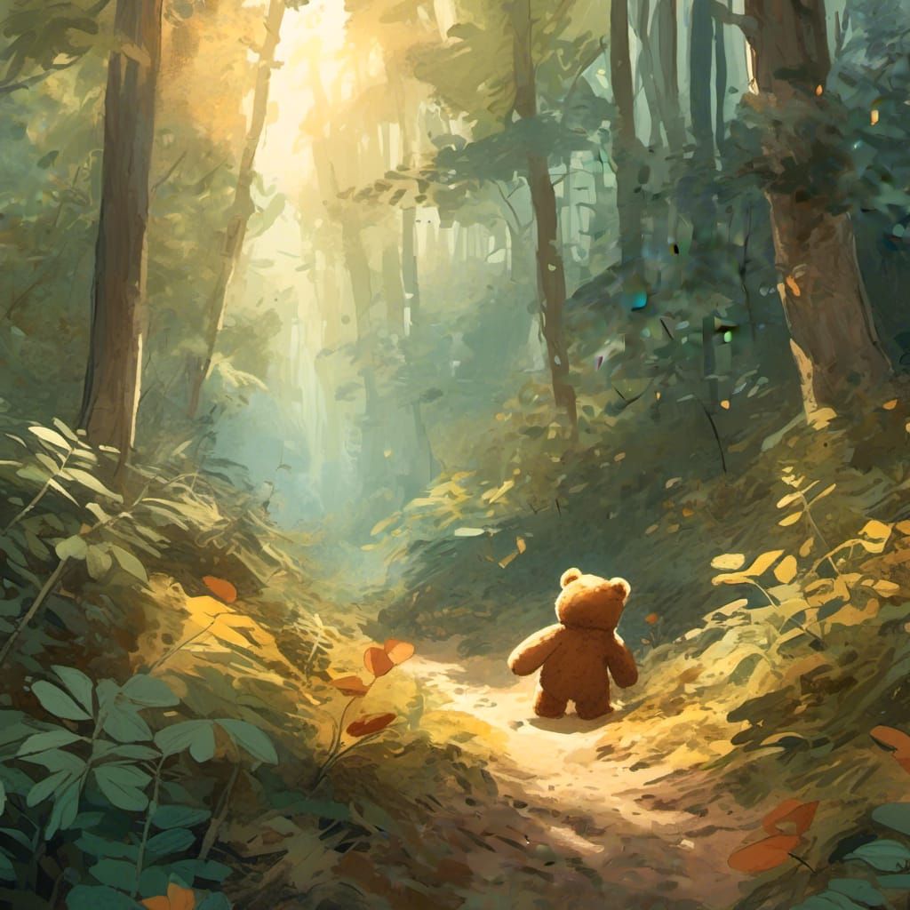 Teddy Bear Lost in Dreamy Forest: Watercolor Illustration