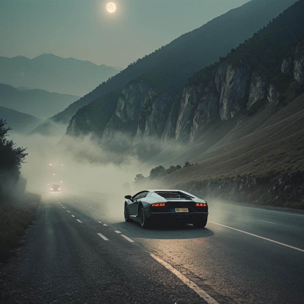 Lamborghini on Misty Road Under Full Moon