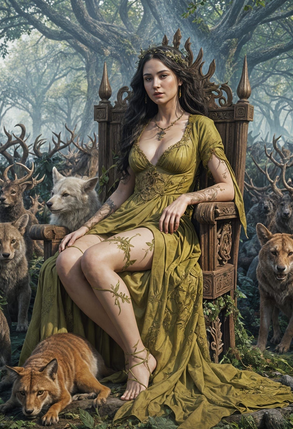 Lady of the Forest Reigns in Ancient Pagan Temple with Menag...