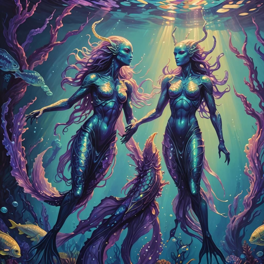 Mystical Pisces Alien Guardians in Cosmic Fauvism Style