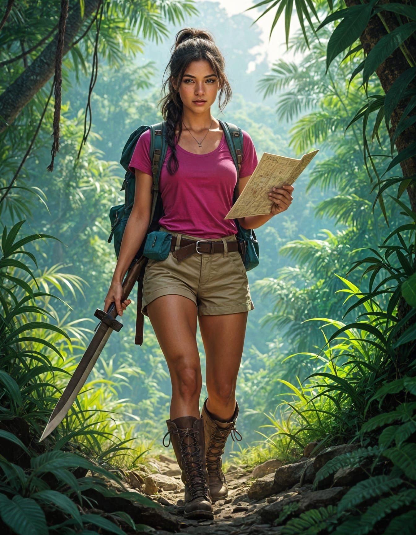 Explorer Woman Hacking Through Jungle, Detailed Matte Painti...