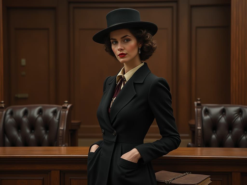 Elegant Woman in Courtroom in Noir Style