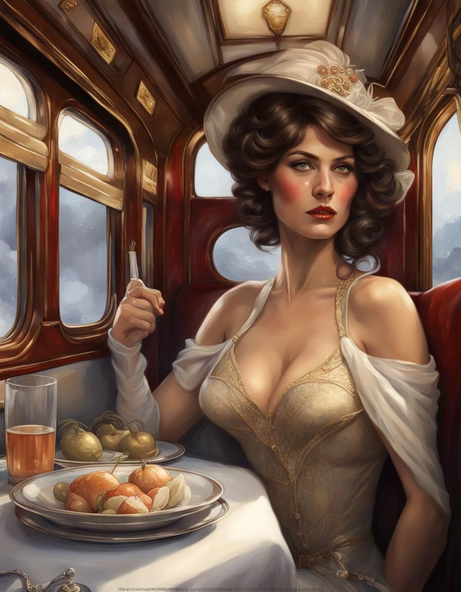 Brunette in Dining Car: Art Nouveau Portrait