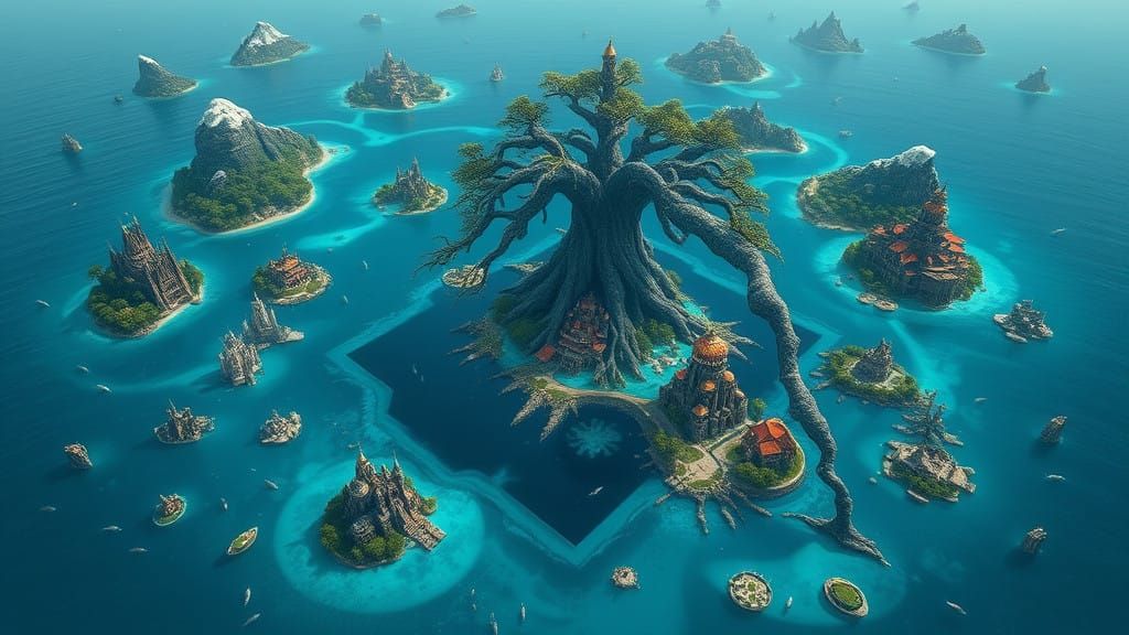 Fantasy Archipelago with Twisted Roots and Medieval Kingdoms