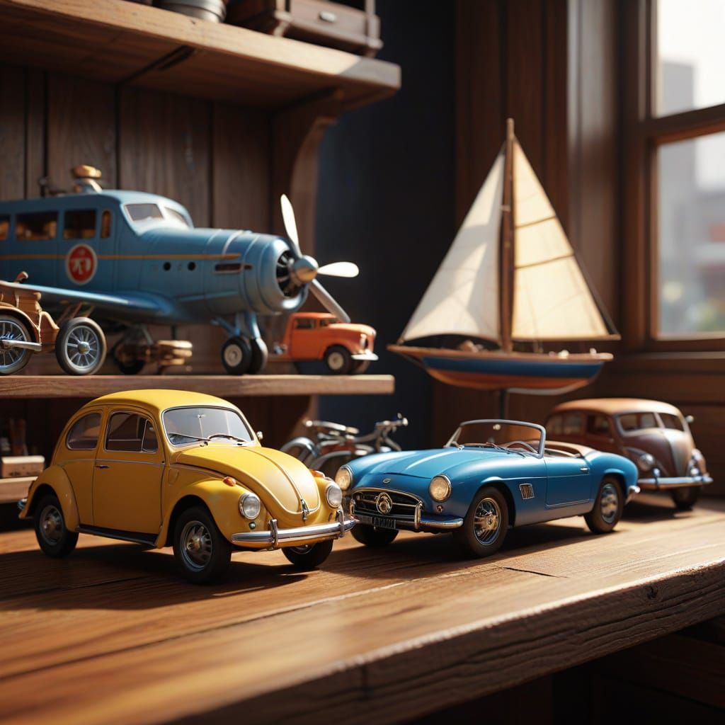 Miniature Wooden Vehicles on Shelf: 3D Render in Warm Colors