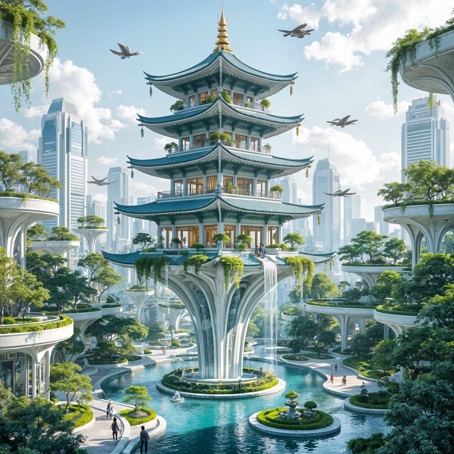 Eco-Utopian Pagoda Above Futuristic City