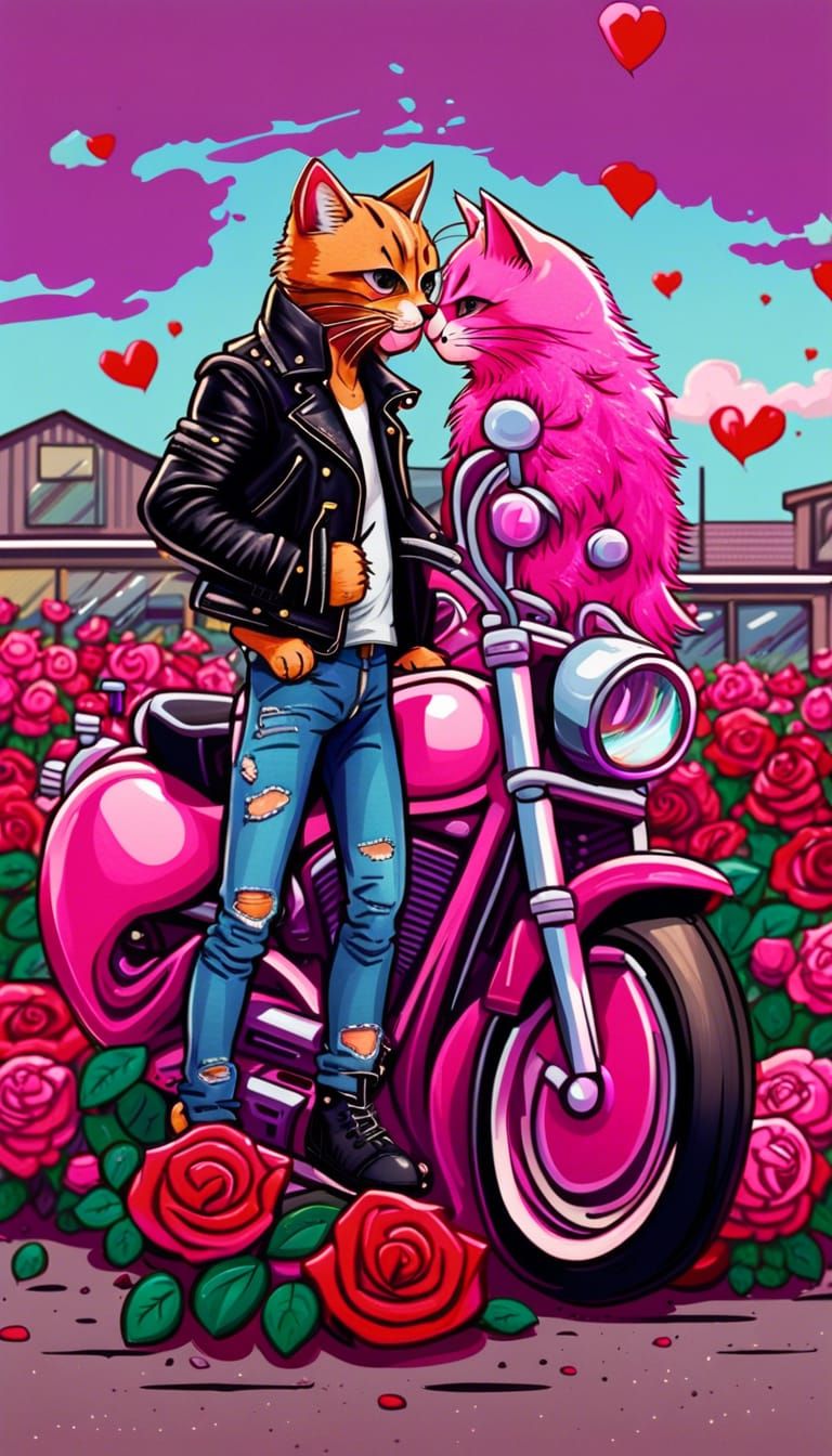 Cartoon Cats Kissing in Rose Heart, Candy Art Style