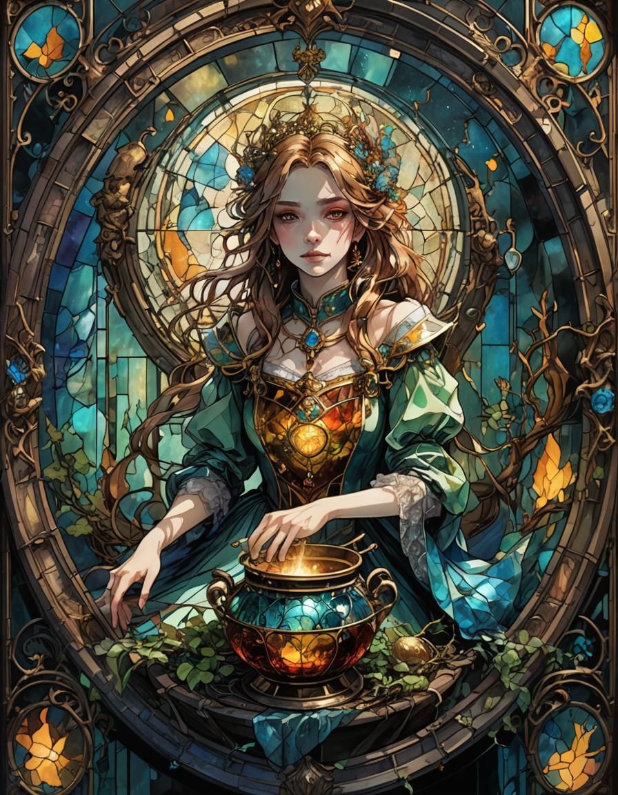 Stained Glass Princess with Cauldron in Anime Style