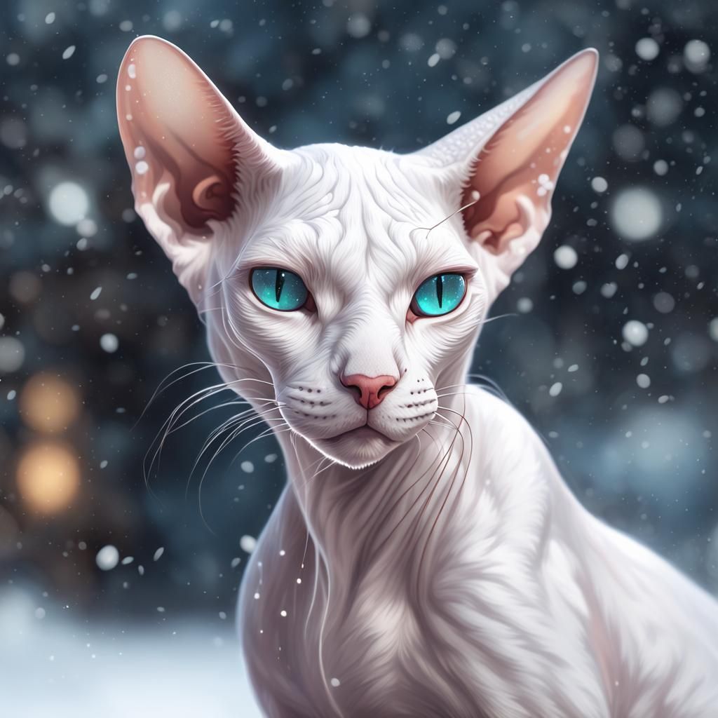 Snowy Sphinx Cat Portrait in Hyperdetailed Style