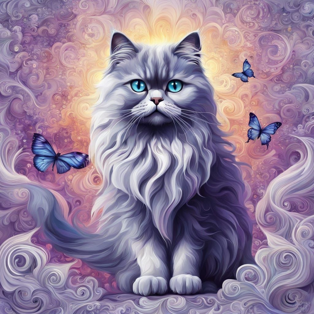 Ethereal Grey Persian Cat in Whimsical Garden Setting