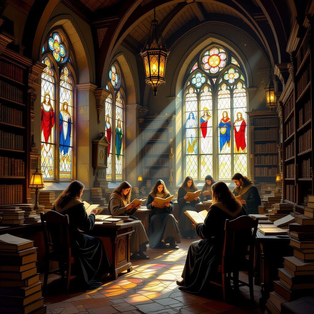 Ancient Spell School: Scholars Study Arcane Texts in Realist...