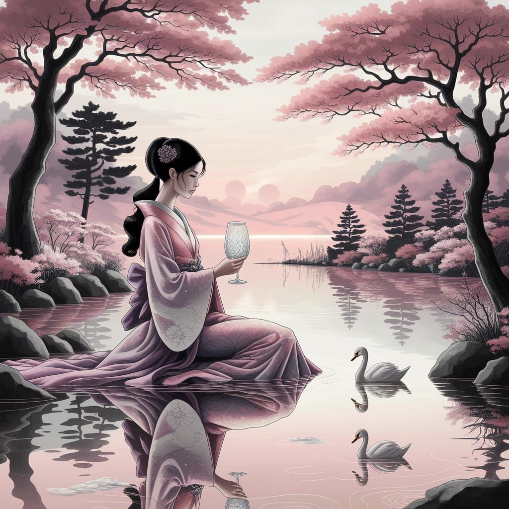 A serene Japanese woman, dressed in a stunning, hand-painted kimono with intricate, curved floral patterns in shades of ...