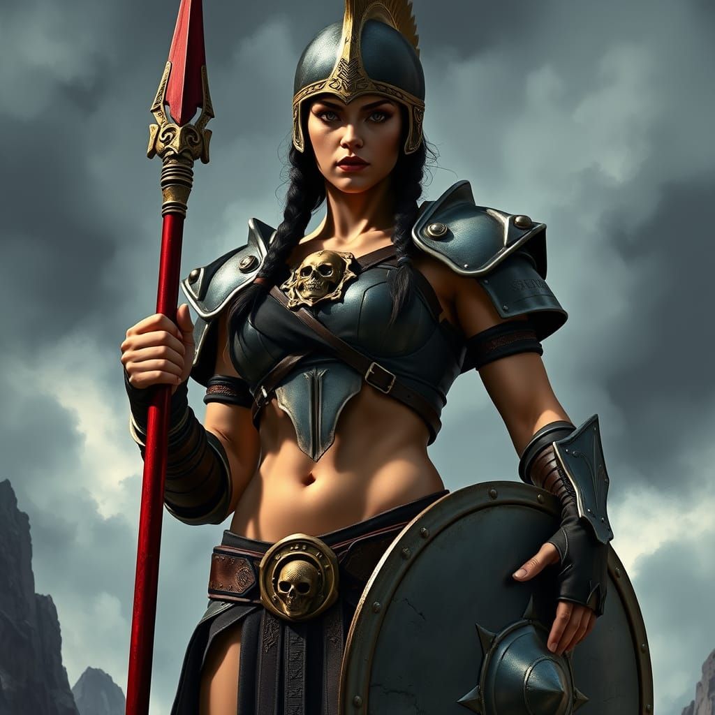 Warrior Woman in Golden Armor with Spear
