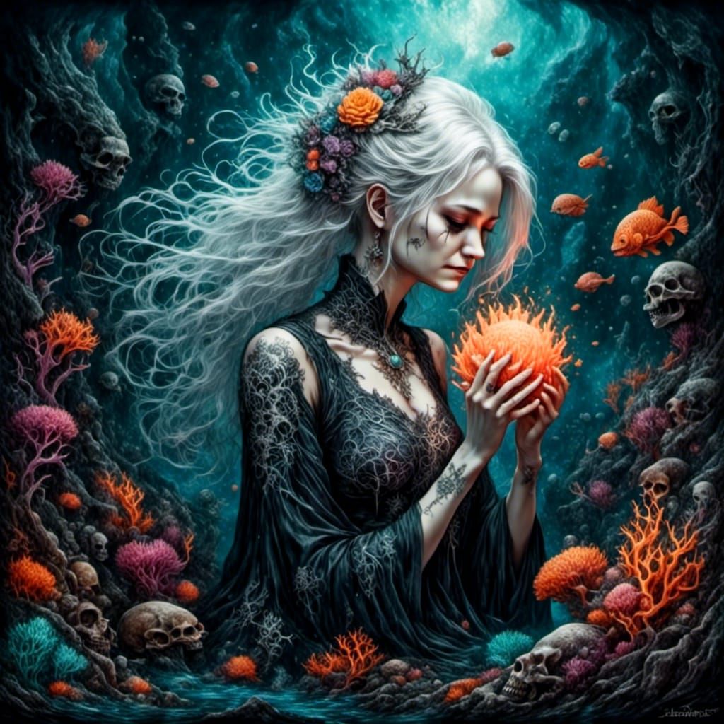 Grieving Woman in a Vibrant Coral Reef Altar