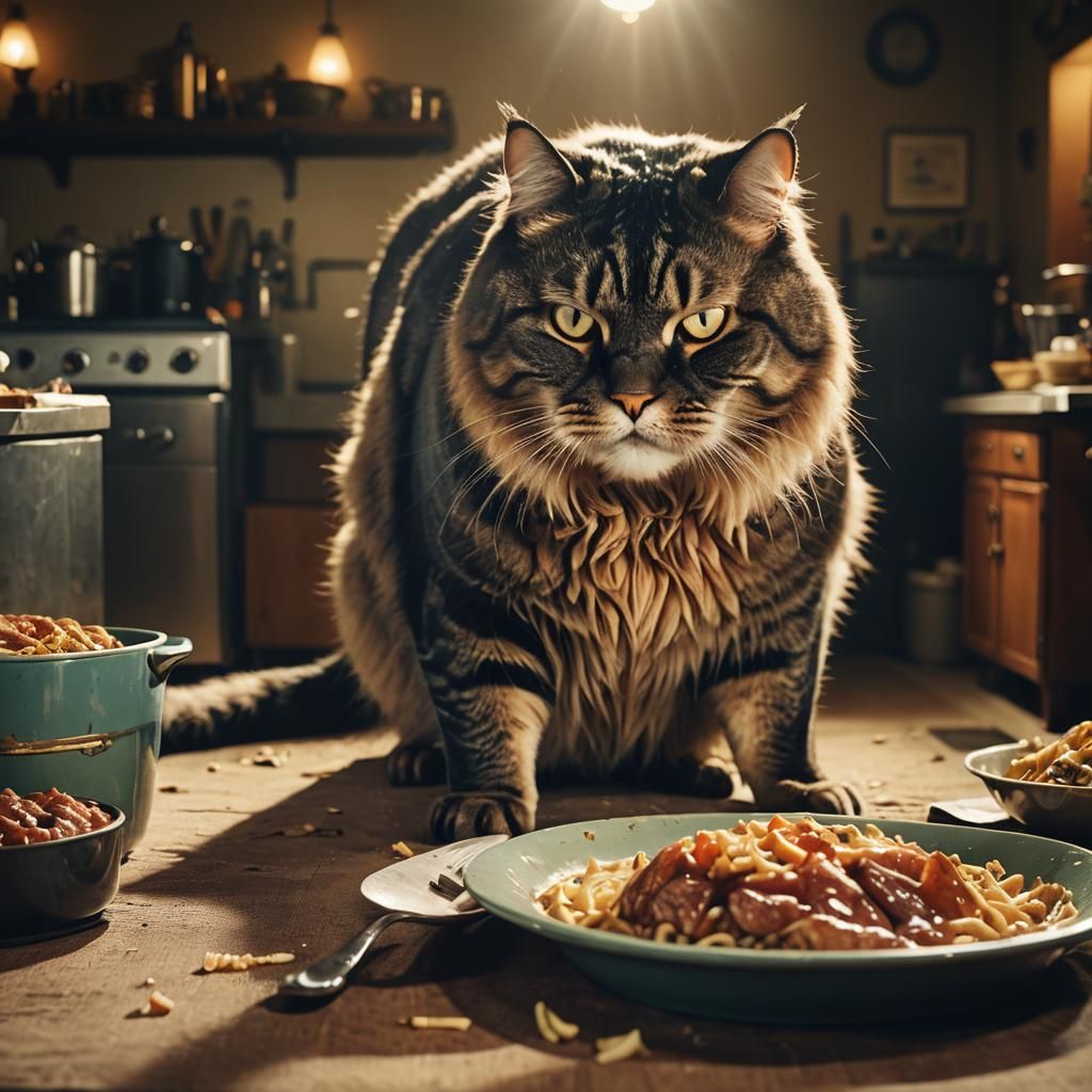 Gigantic Cat Contemplates Breakfast in Luxurious Room