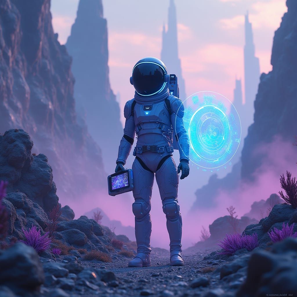 Futuristic Astronaut Explores Alien Landscape in Neon Hues