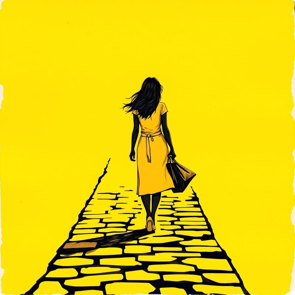 Yellow Ink Silhouette of Woman on Yellow Brick Road
