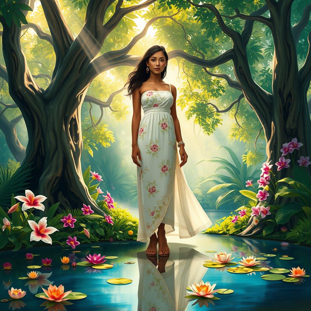 Polynesian Goddess in Tapa Cloth Radiates Serenity in an Eme...