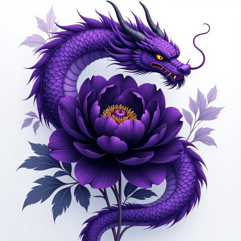 Black Peony and Purple Dragon Digital Illustration