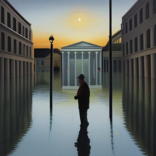 Man in Flooded Street, Hyperrealistic Oil Painting