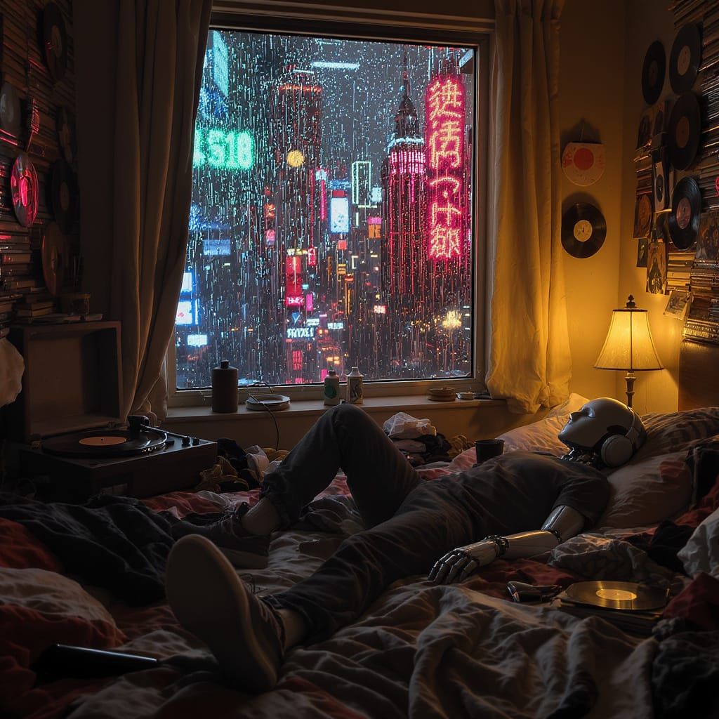 Robotic Person in Cyberpunk Bedroom Scene