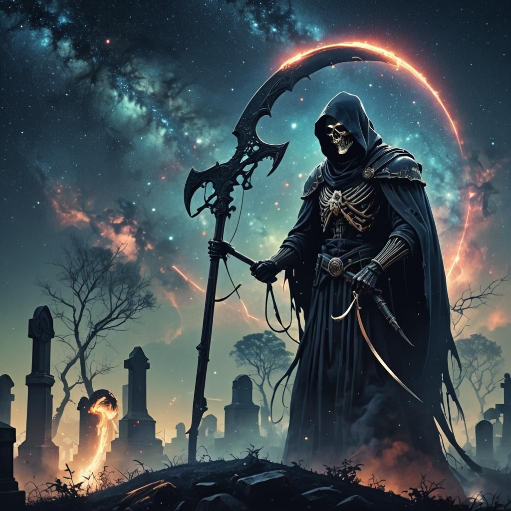 Reaper with Scythe in Graveyard Nebula Night