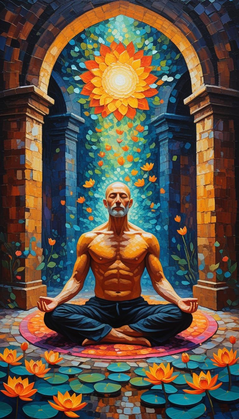 Man Meditating Amidst Floral Explosion in Ancient Dungeon