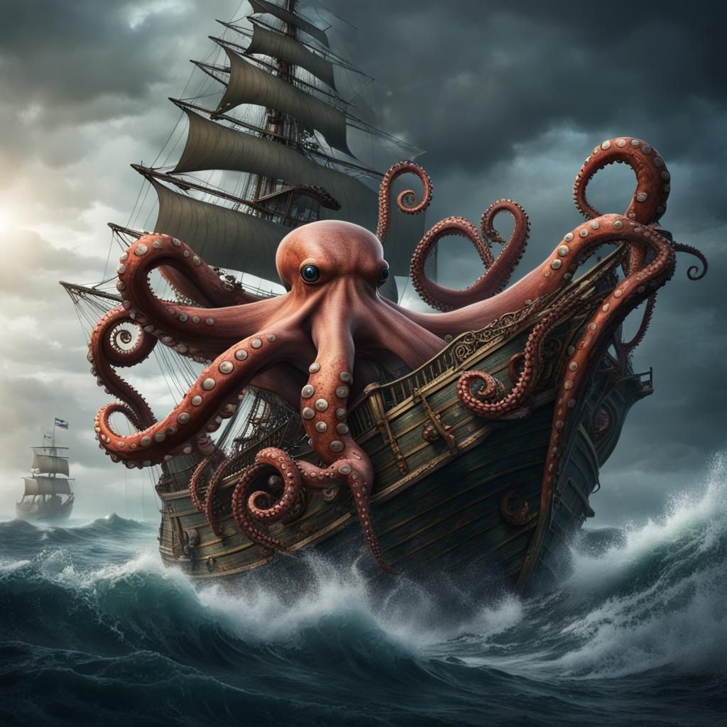Giant Octopus Attacks Pirate Ship in Stormy Seas