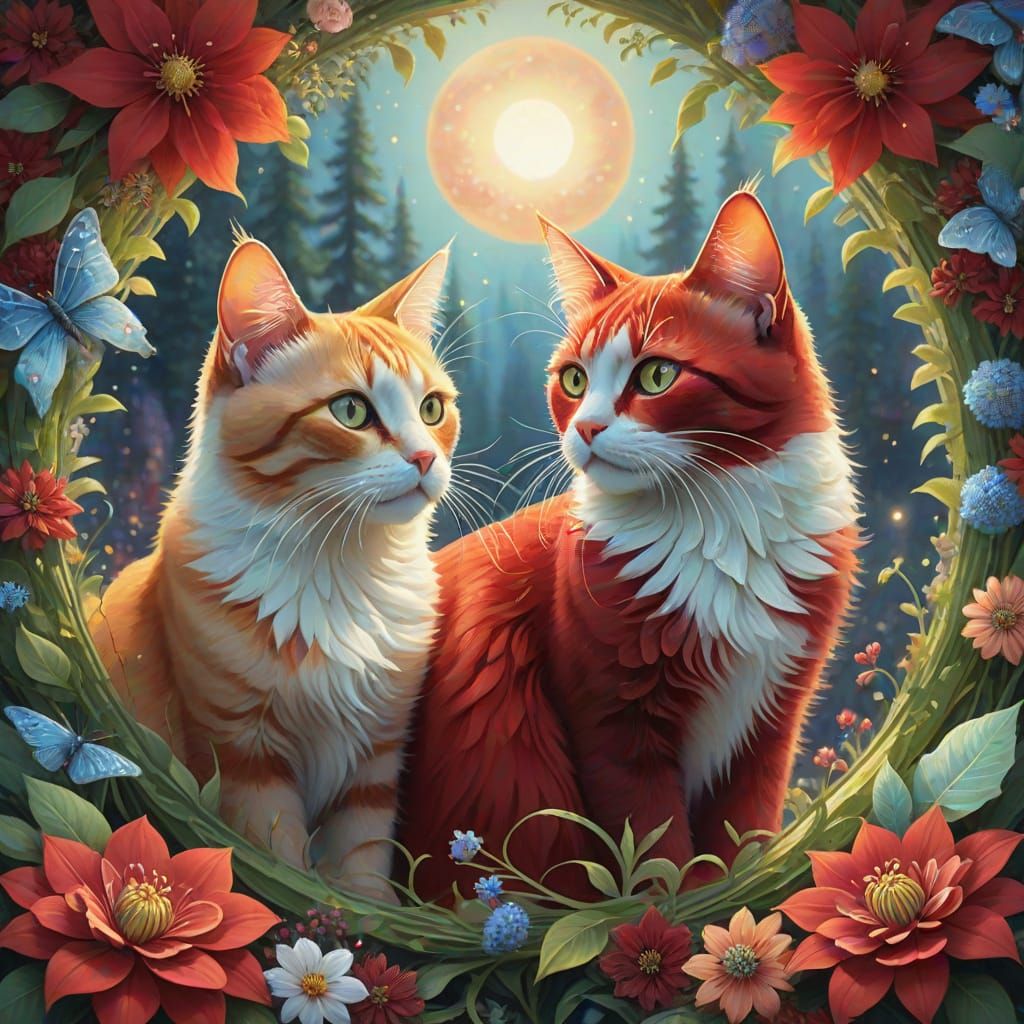 Whispers of Moonlight: Two Cats Amidst a Celestial Flower Ma...