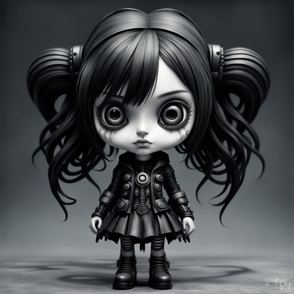 Gothic Cyberpunk Beauty in Hyperrealistic Black and White