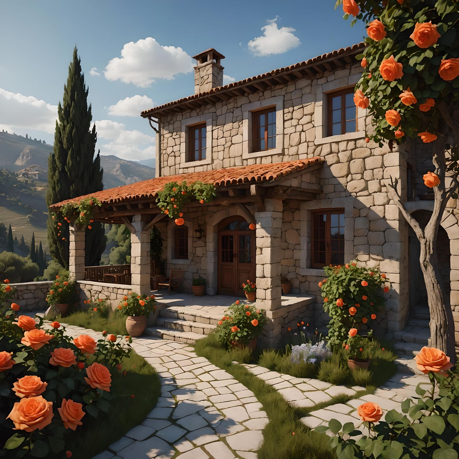 Stone House with Fruit Trees: Detailed Matte Painting