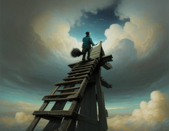 Young Adventurer Ascends Whimsical Ladder into Romantic Skie...