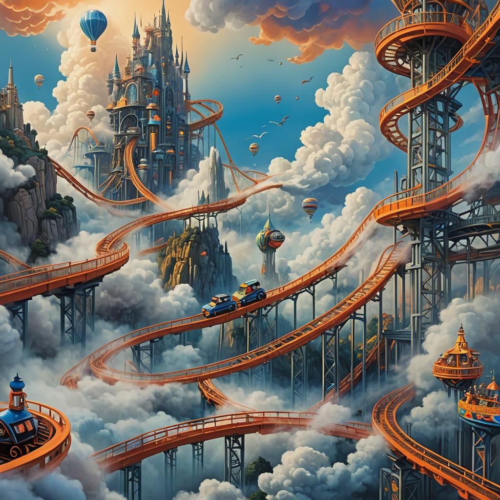 Rollercoaster Soaring Through Misty Clouds in Dreamlike Styl...