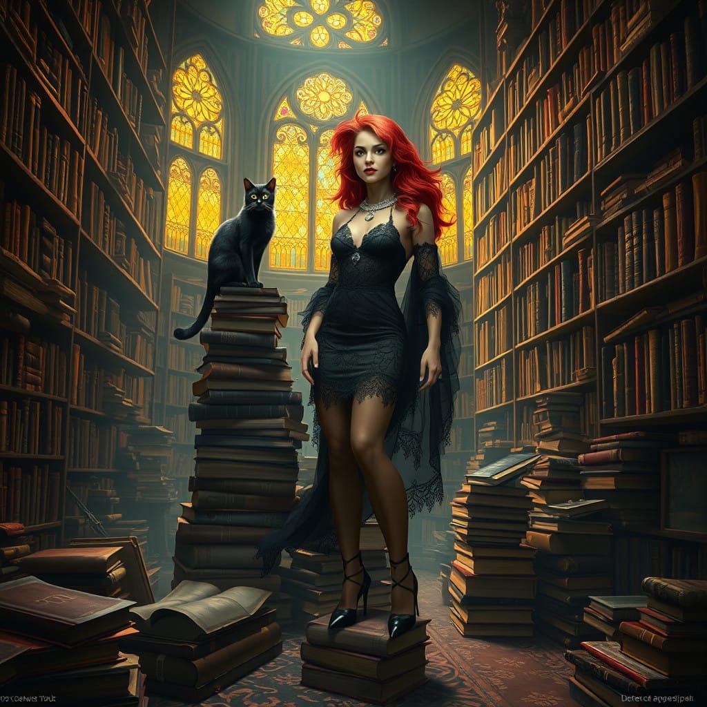 Elegant Fantasy Goddess Amidst Ancient Tomes and Mystical Ar...