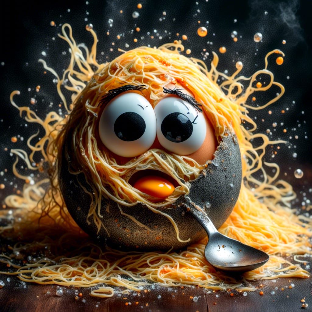 Angry Egg with Spaghetti, a Surreal Portrait