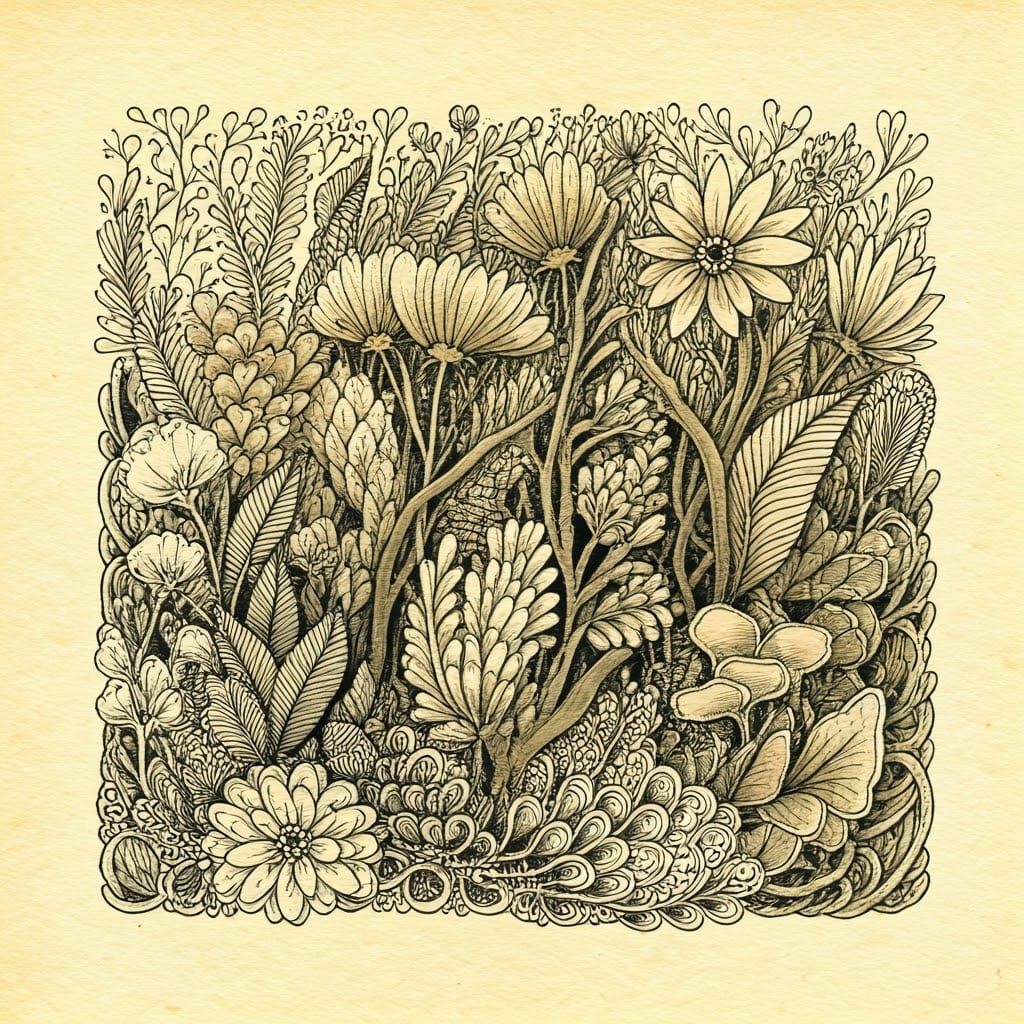 Dreamlike Garden Zentangle in Intricate Black Ink and Waterc...