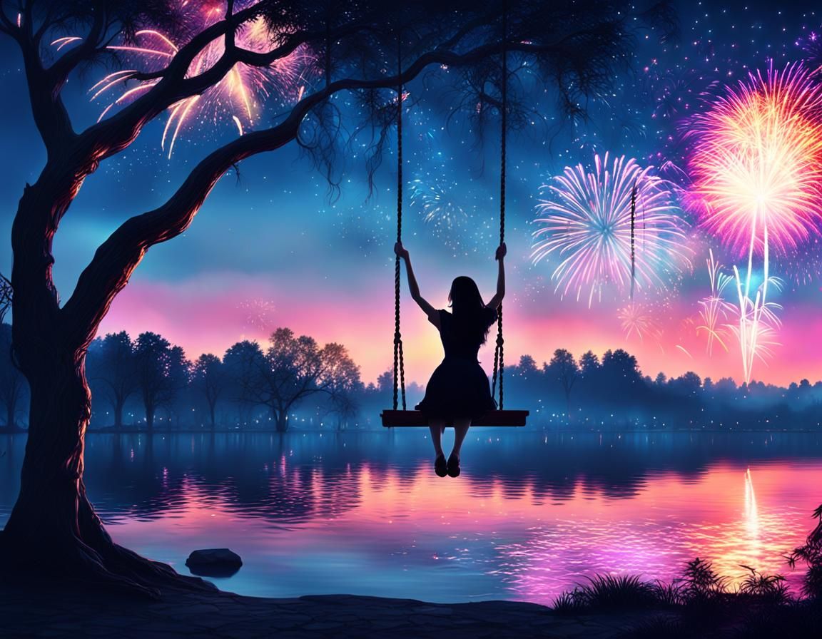 Ethereal Lakeside Fireworks Display at Night