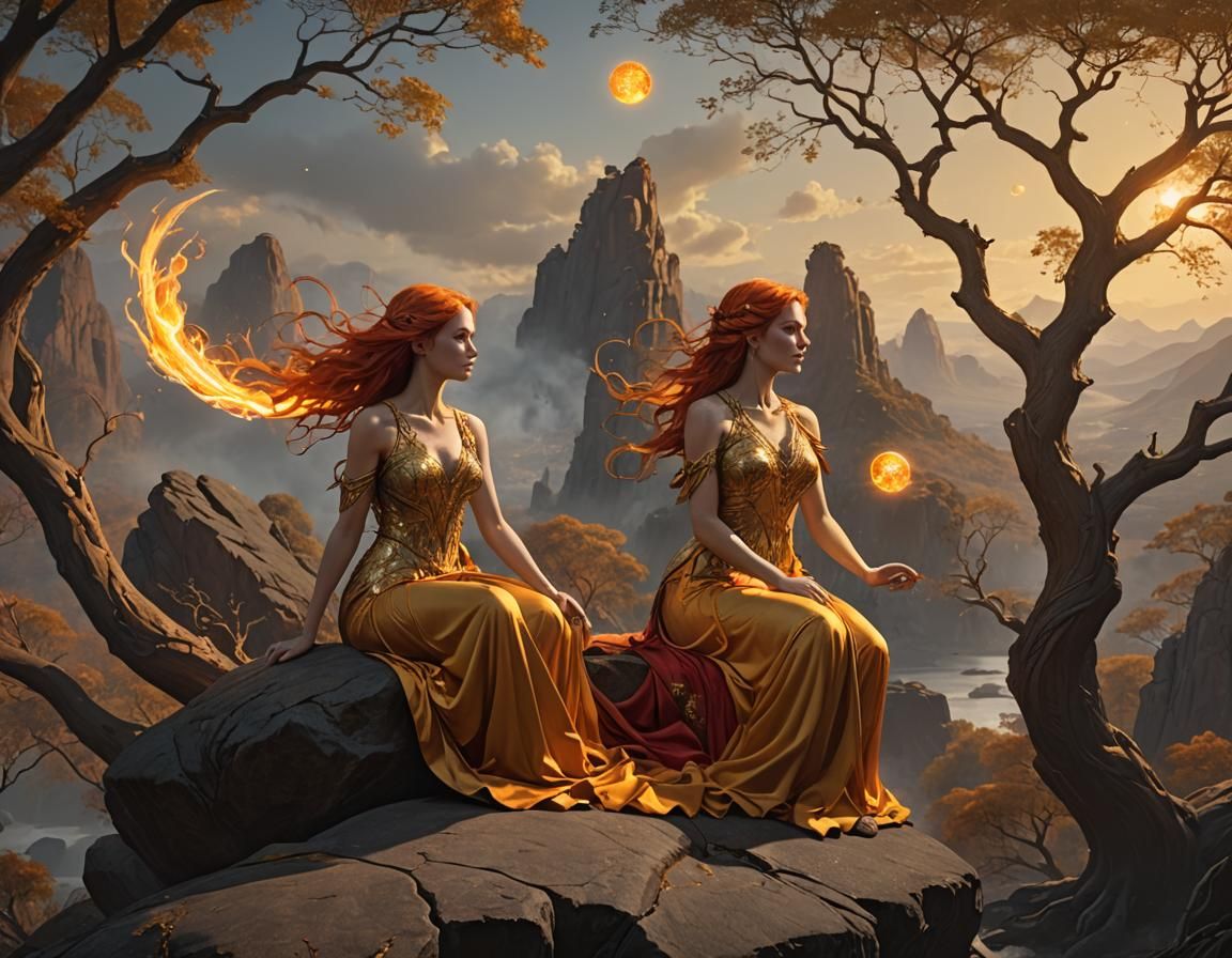 Ethereal Woman with Fire Orb in Fantasy Landscape