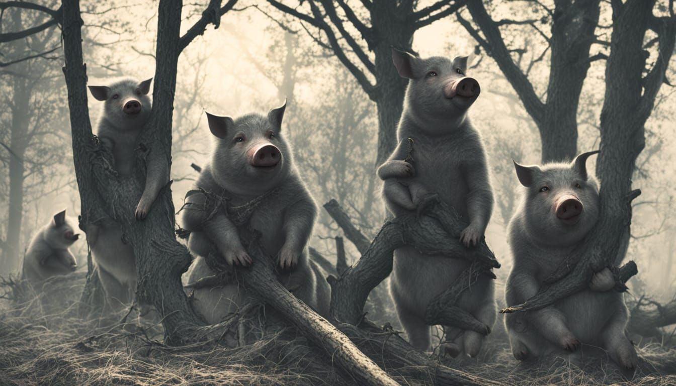 Three Little Pigs Feast in Dark Fantasy Illustration