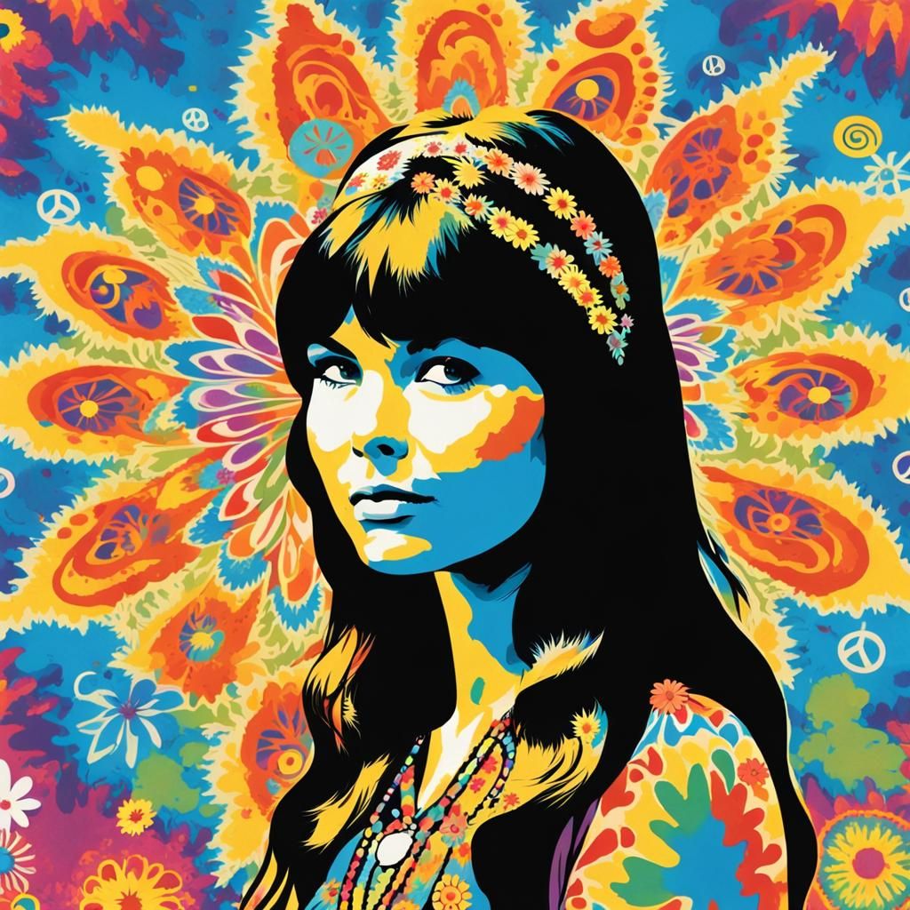 1960s Psychedelic Poster Art with Tie-Dye Girl