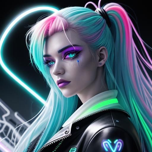 Angel diety of the neon galaxy nebulas of space beautiful curvy neon long hair with neon eyeshadow and lipstick 80s graf...