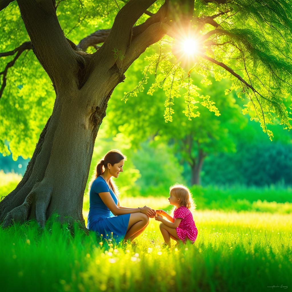 Mother and Child in Sunlight: Hyperrealistic Nature Scene