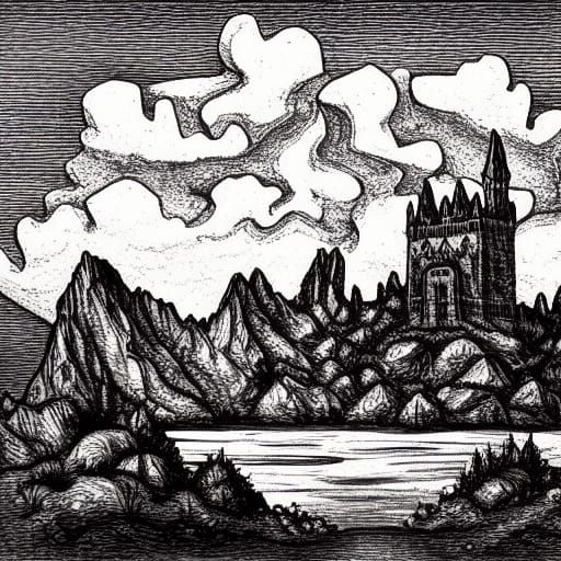 Gothic Castle in Fantasycore Watercolor Landscape