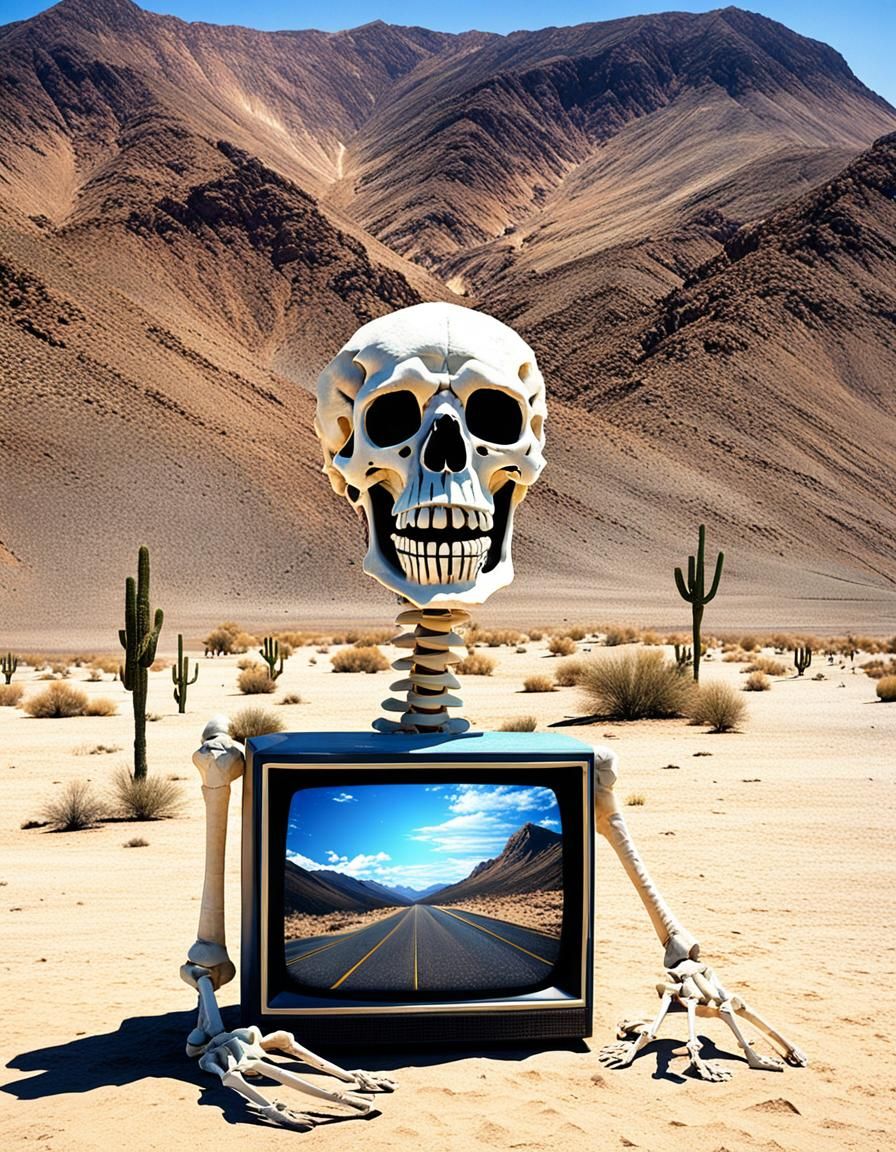 Lion Skeleton with TV Face and Fireworks