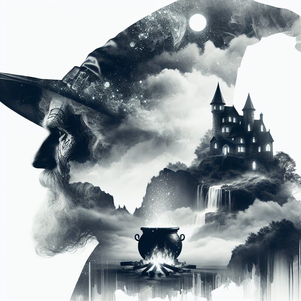 Wizard's Dreamlike Double Exposure in Romantic Style