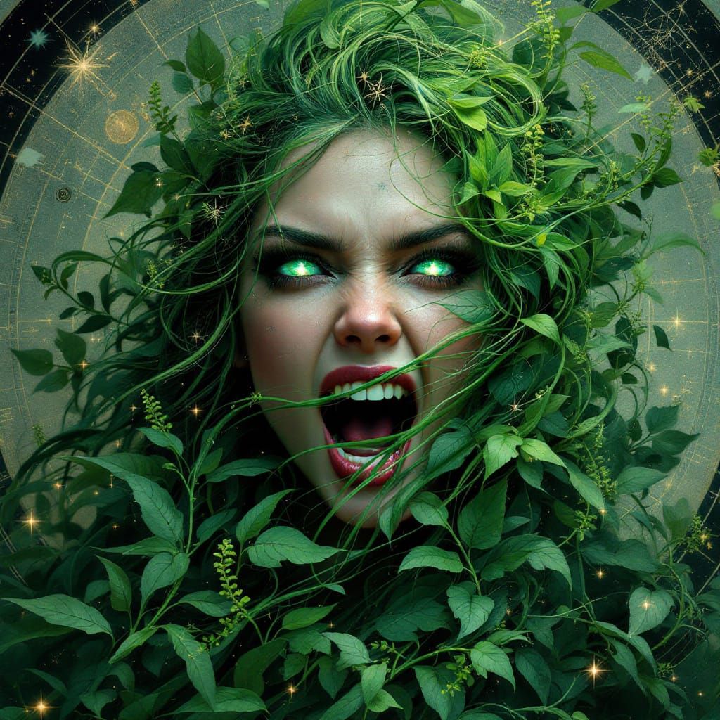Enraged Emerald Goddess in Lush Greenery