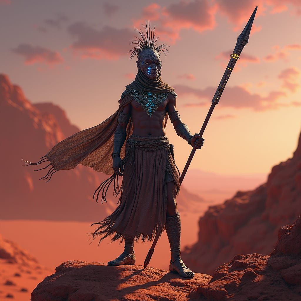 Maasai Warrior in Martian Nano-Armor, Wielding Vibranium Spe...