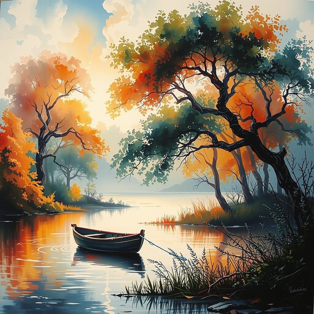 Tranquil Watercolor Scene of a Small Boat on a Serene Lake